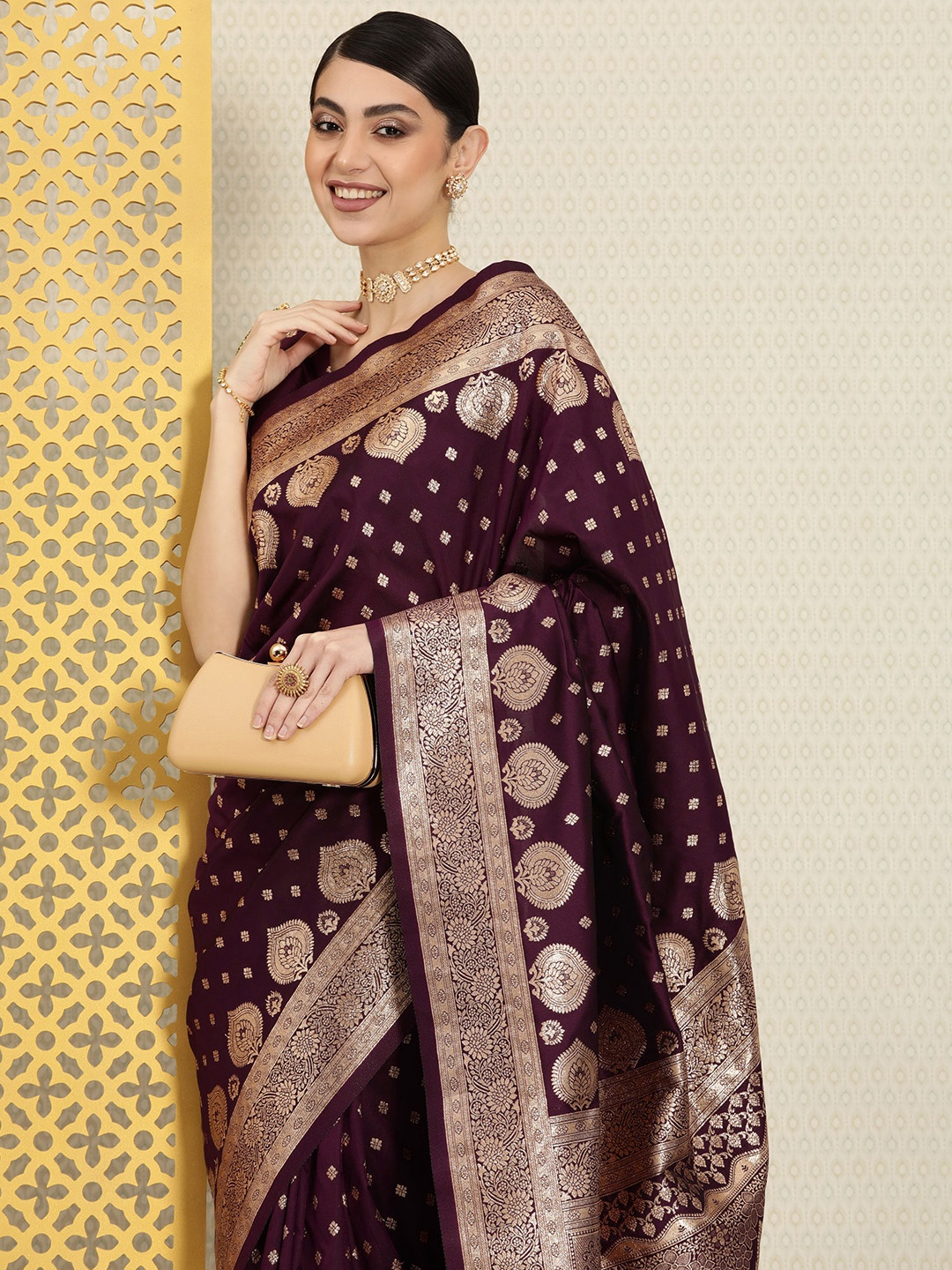 

House of Pataudi Woven Design Ethnic Motifs Zari Silk Blend Banarasi Saree, Purple