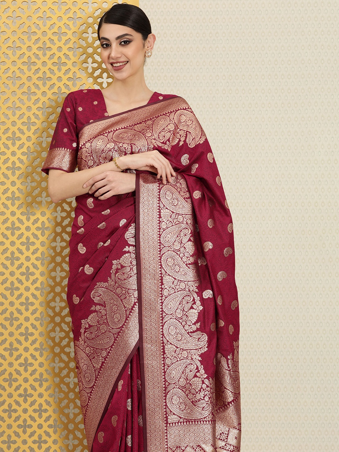 

House of Pataudi Paisley Zari Banarasi Saree, Magenta