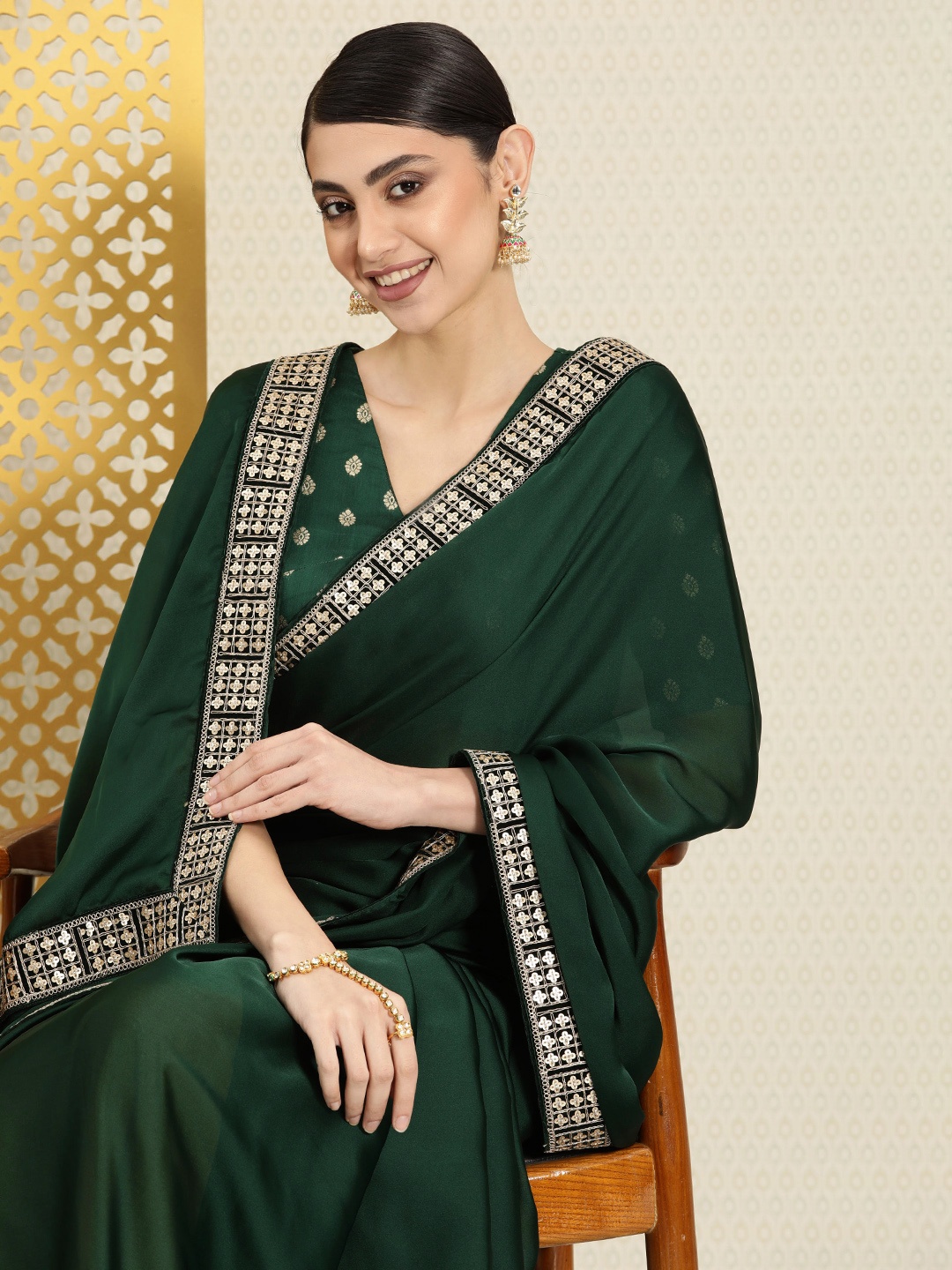 

House of Pataudi Sequinned Embroidered Satin Saree, Green
