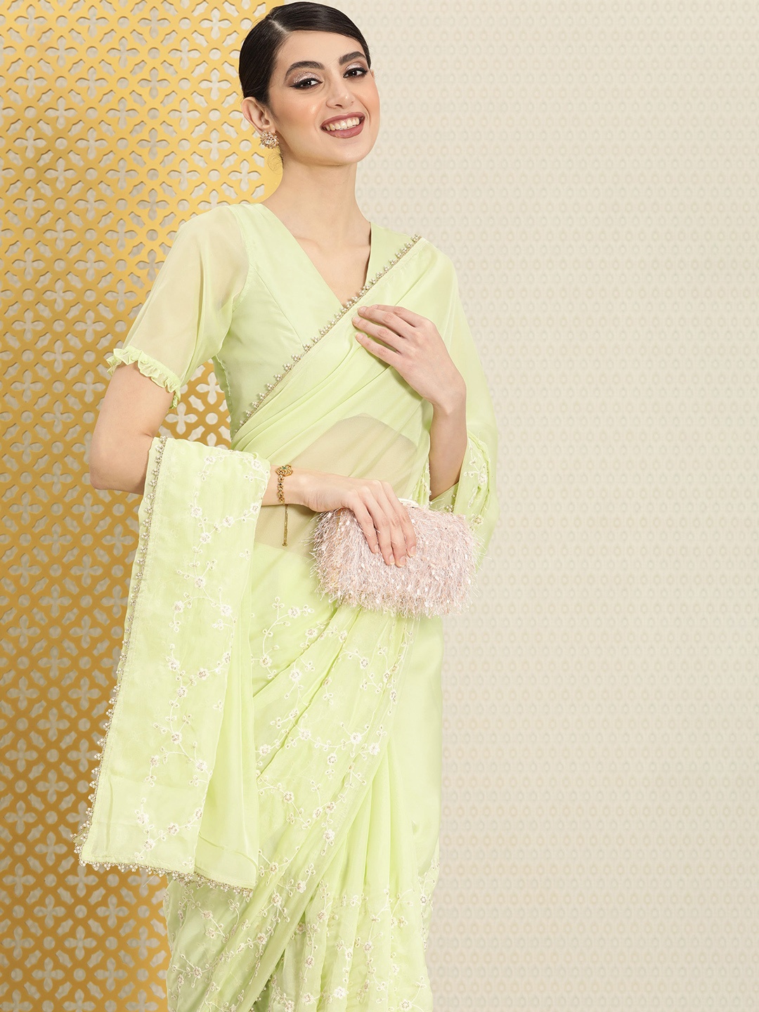 

House of Pataudi Floral Embroidered Organza Saree, Lime green