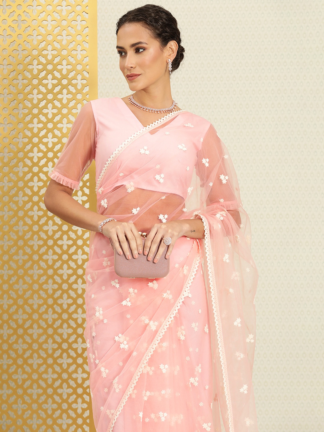 

House of Pataudi Floral Embroidered Net Saree, Pink