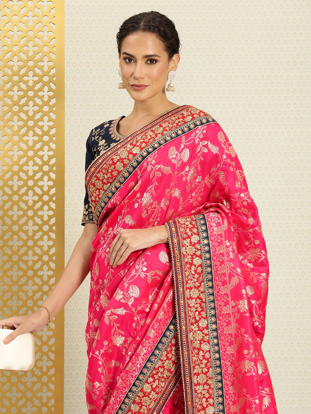 

House of Pataudi Floral Zari Silk Blend Banarasi Saree, Magenta