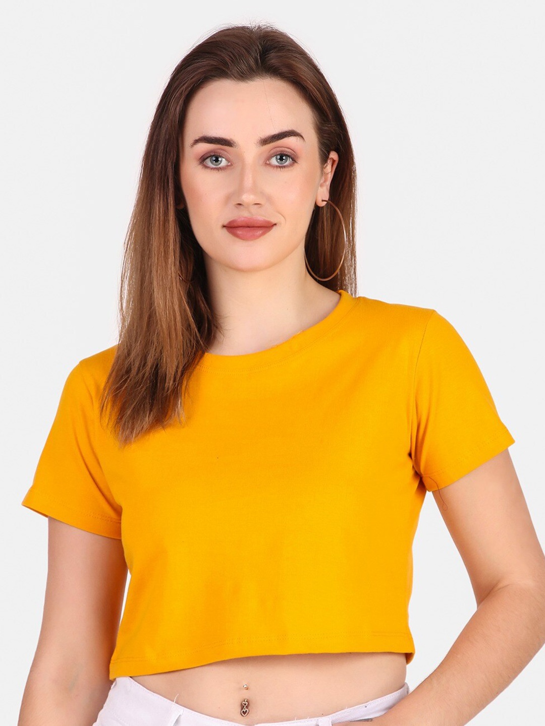 

TRENDY RABBIT Round Neck Cotton Crop Top, Mustard