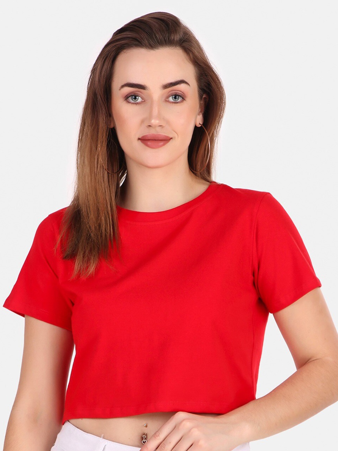 

TRENDY RABBIT Round Neck Pure Cotton Crop Top, Red