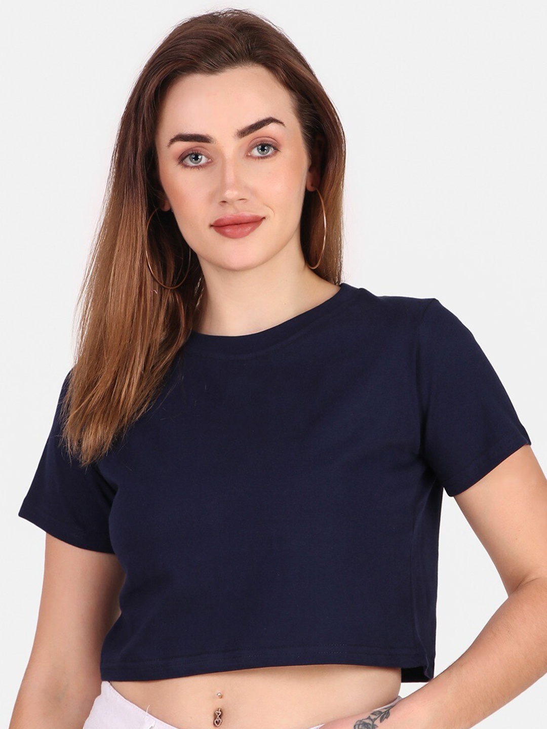 

TRENDY RABBIT Round Neck Pure Cotton Crop Top, Navy blue