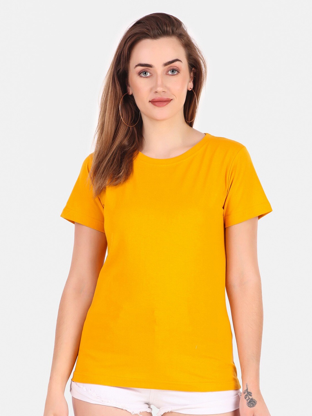 

TRENDY RABBIT Round Neck Cotton T-shirt, Mustard