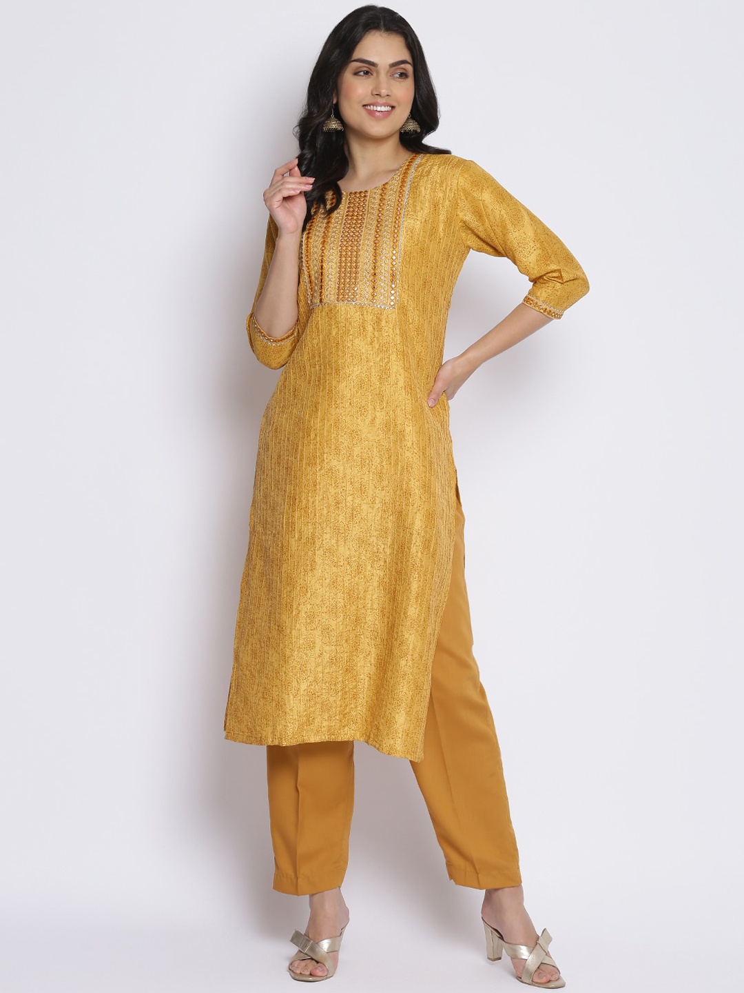

MIKHAD Floral Printed Mirror Work Pure Cotton Kurta, Mustard