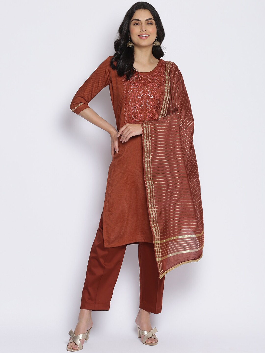 

MIKHAD Striped Sequinned Pure Cotton Straight Kurta, Rust