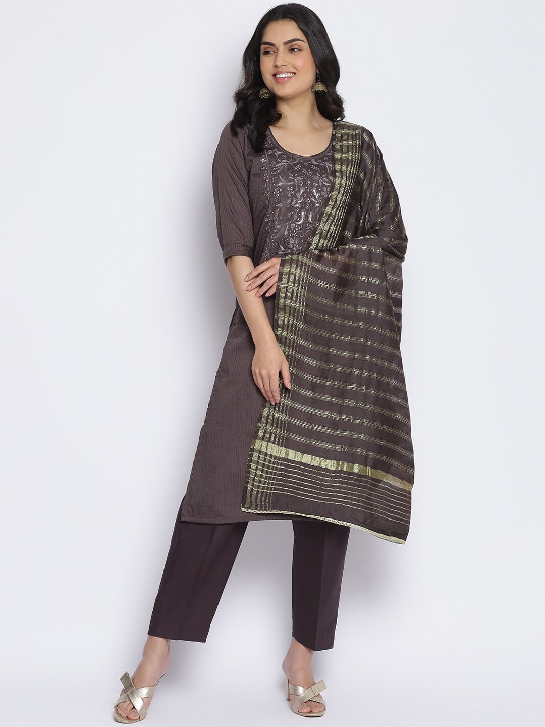 

MIKHAD Striped Sequinned Pure Cotton Kurta, Taupe