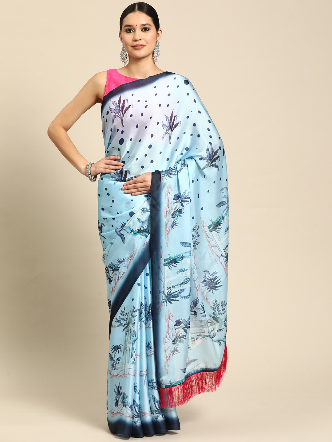 

VASTRANAND Kalamkari Printed Pure Chiffon Saree, Turquoise blue
