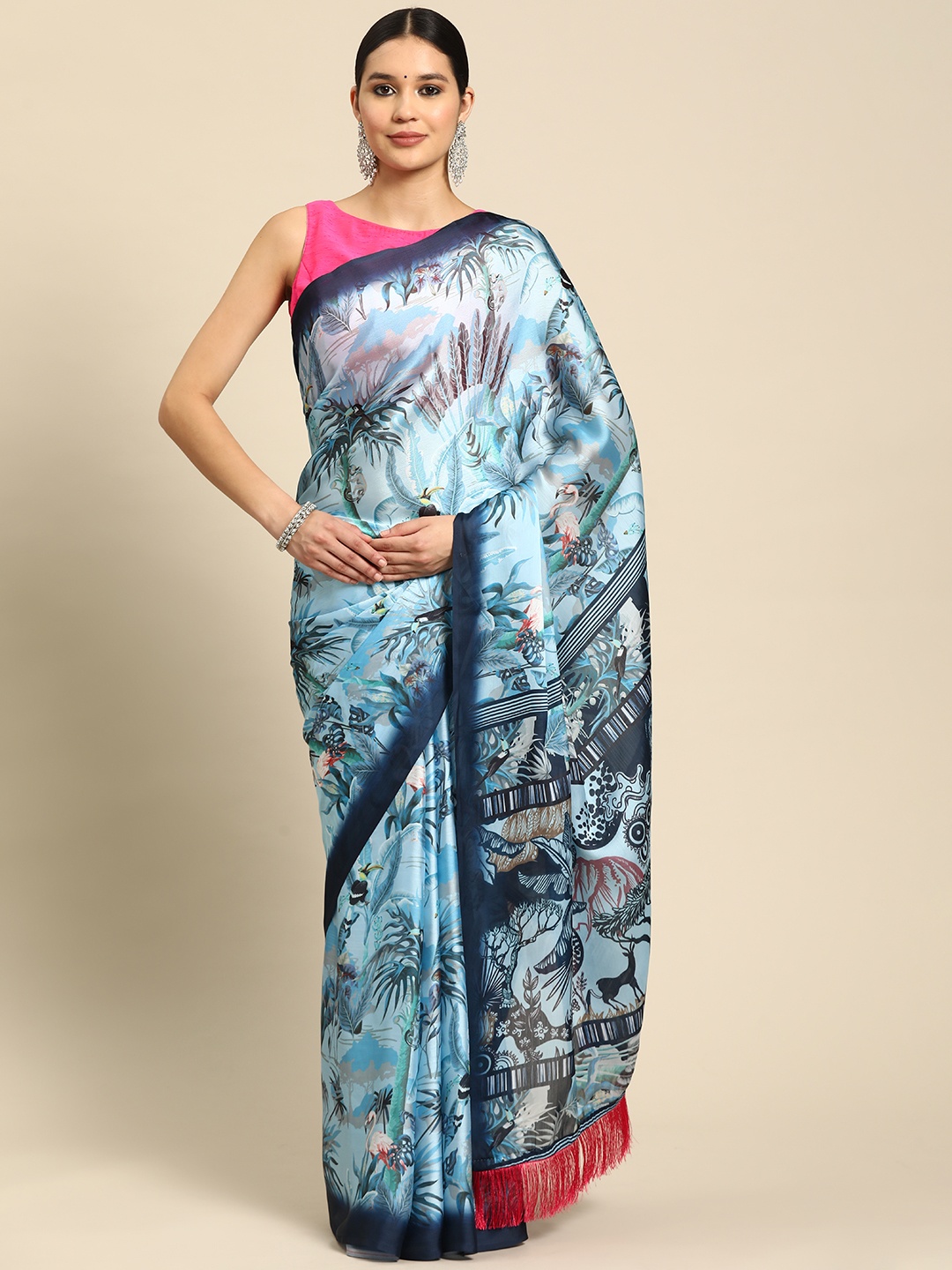 

VASTRANAND Kalamkari Printed Pure Chiffon Saree, Turquoise blue
