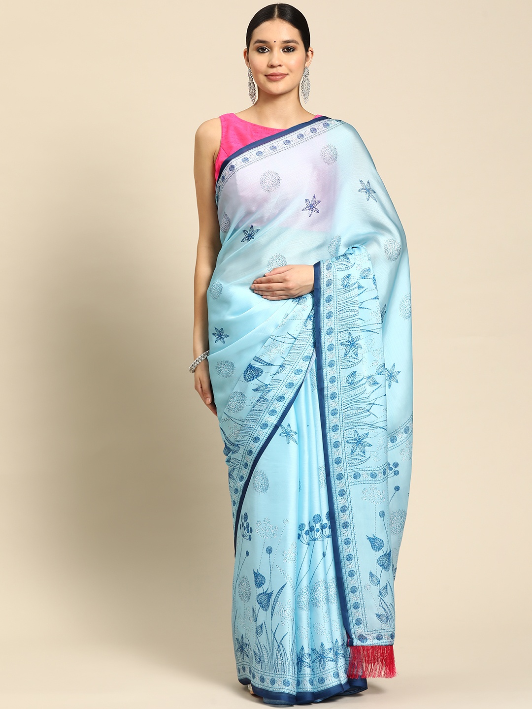 

VASTRANAND Kalamkari Floral Printed Pure Chiffon Saree, Turquoise blue