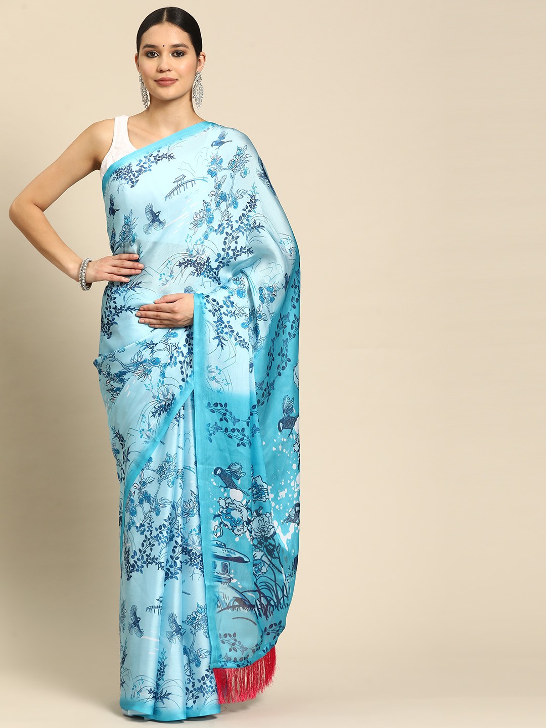 

VASTRANAND Floral Pure Chiffon Saree, Blue