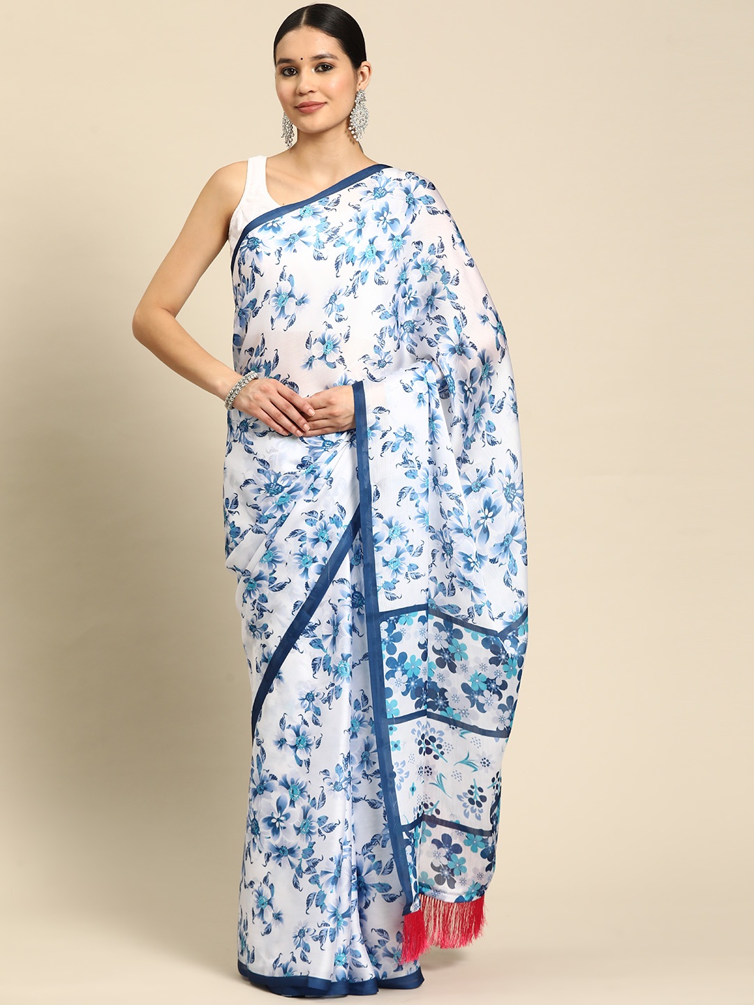 

VASTRANAND Floral Pure Chiffon Saree, Blue