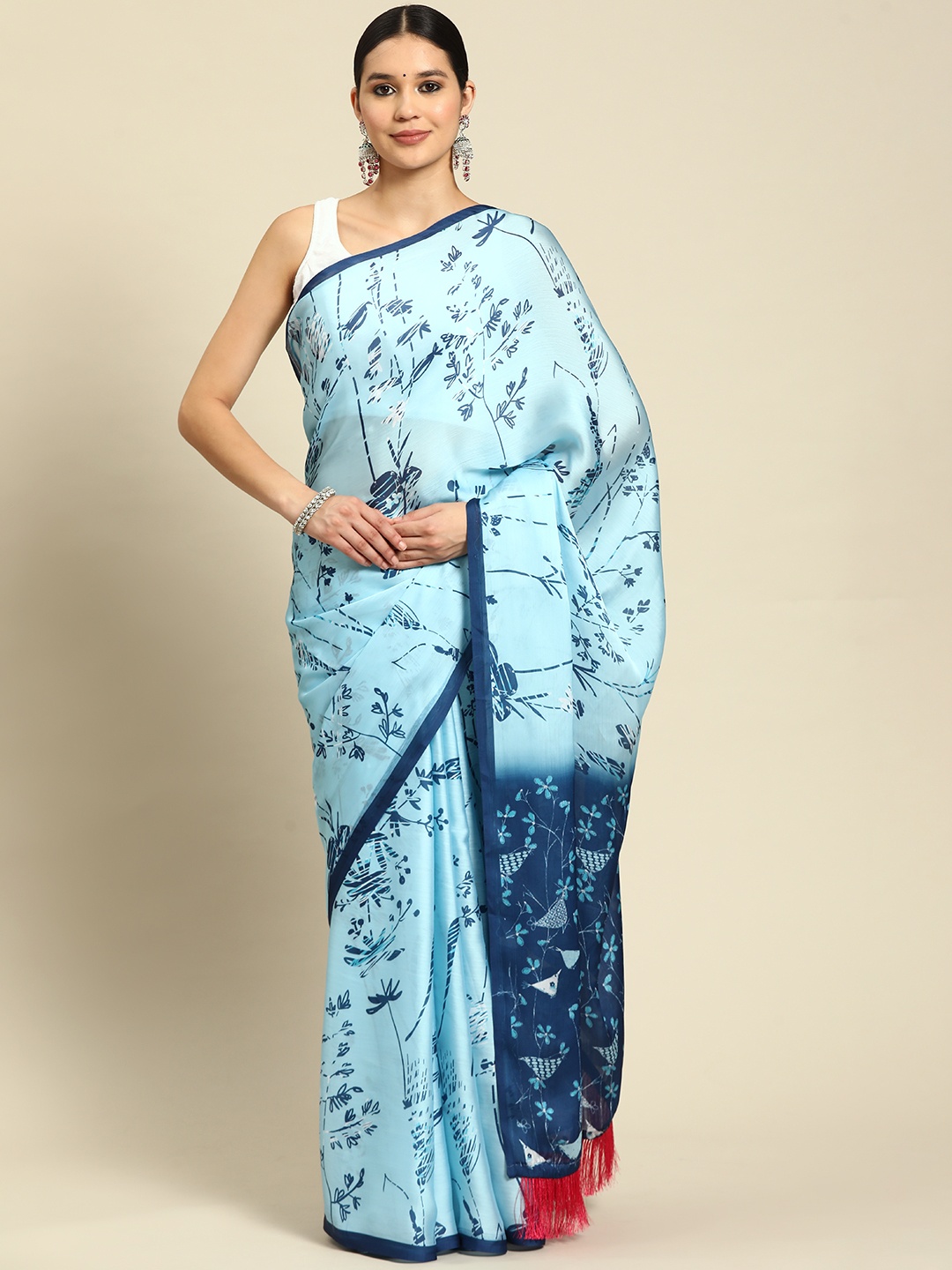 

VASTRANAND Kalamkari Floral Printed Pure Chiffon Saree, Turquoise blue