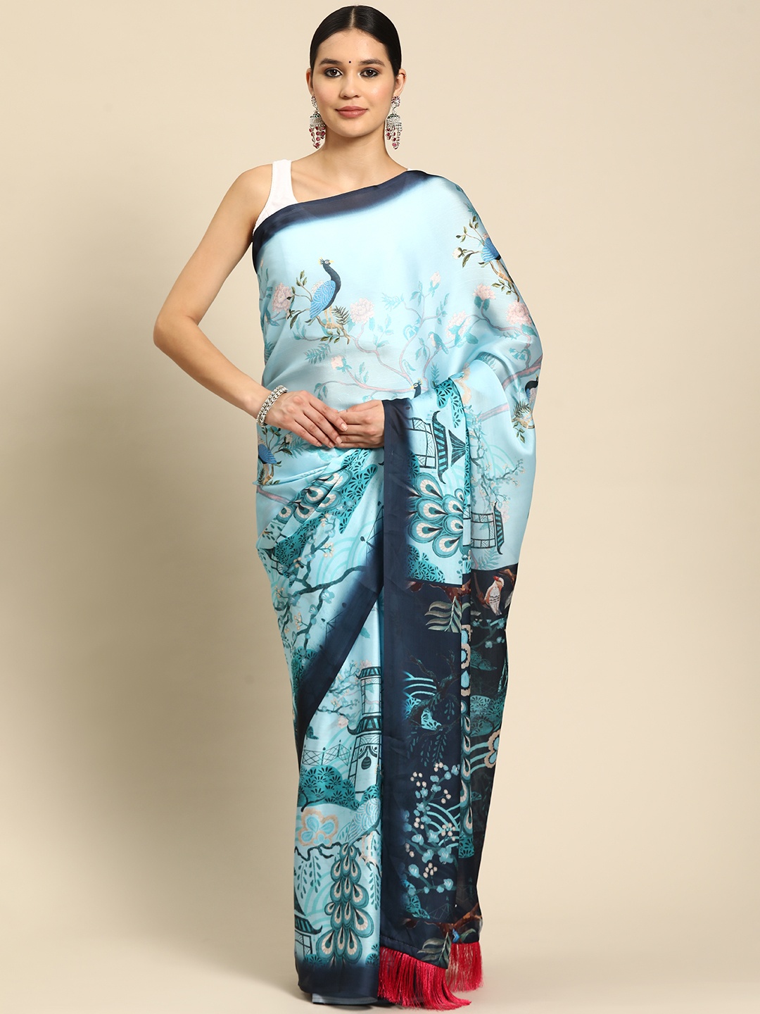 

VASTRANAND Kalamkari Floral Printed Pure Chiffon Saree, Turquoise blue