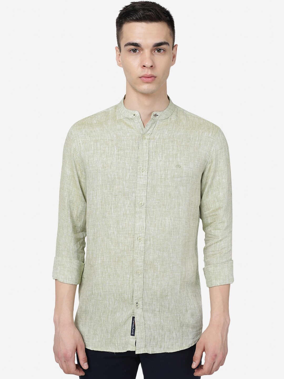 

JADE BLUE Band Collar Long Sleeves Slim Fit Linen Casual Shirt, Green