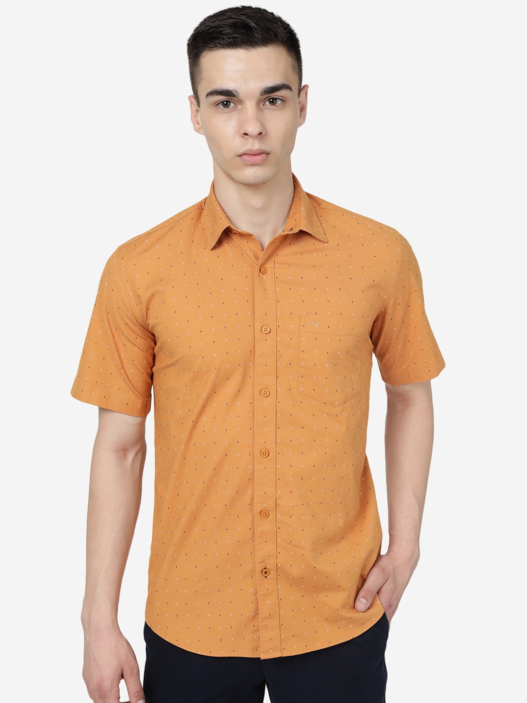 

JADE BLUE Micro & Ditsy Printed Spread Collar Short Sleeves Slim Fit Cotton Casual Shirt, Orange