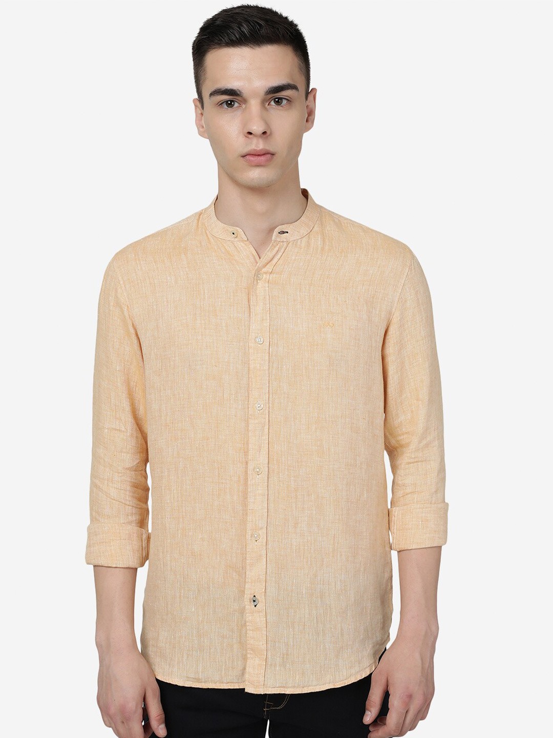 

JADE BLUE Mandarin Collar Pure Linen Slim Fit Casual Shirt, Orange