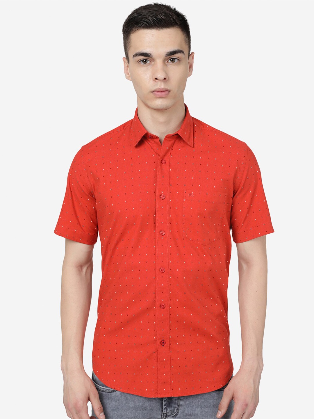 

JADE BLUE Micro Ditsy Printed Spread Collar Pure Cotton Slim Fit Casual Shirt, Red