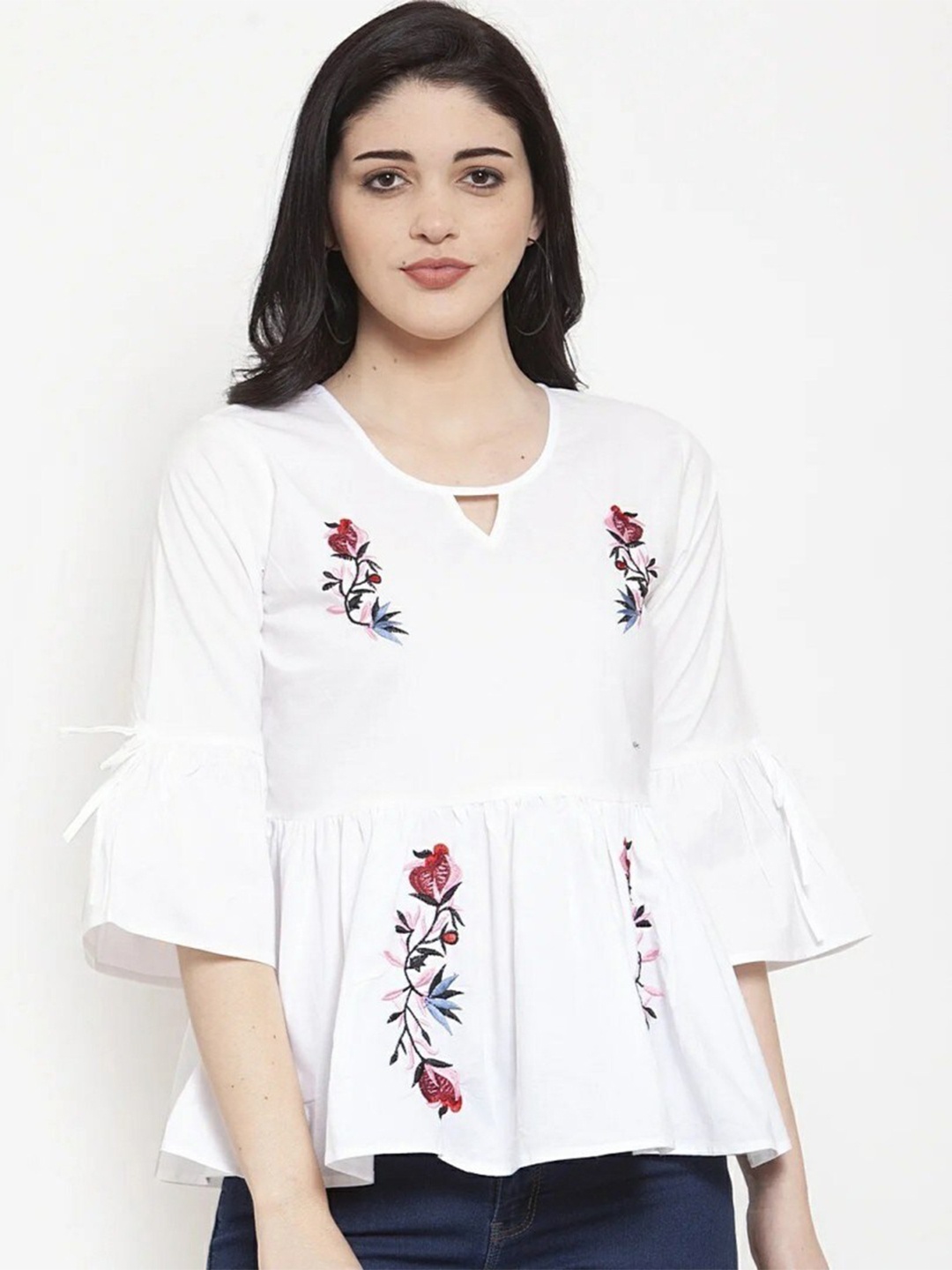 

ROOPWATI FASHION Floral Embroidered Keyhole Neck Bell Sleeves Cotton Peplum Top, White