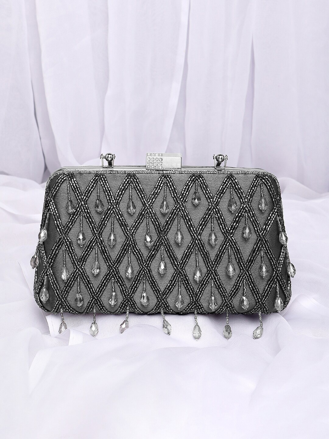 

Peora Embellished Box Clutch With Shoulder Straps, Grey
