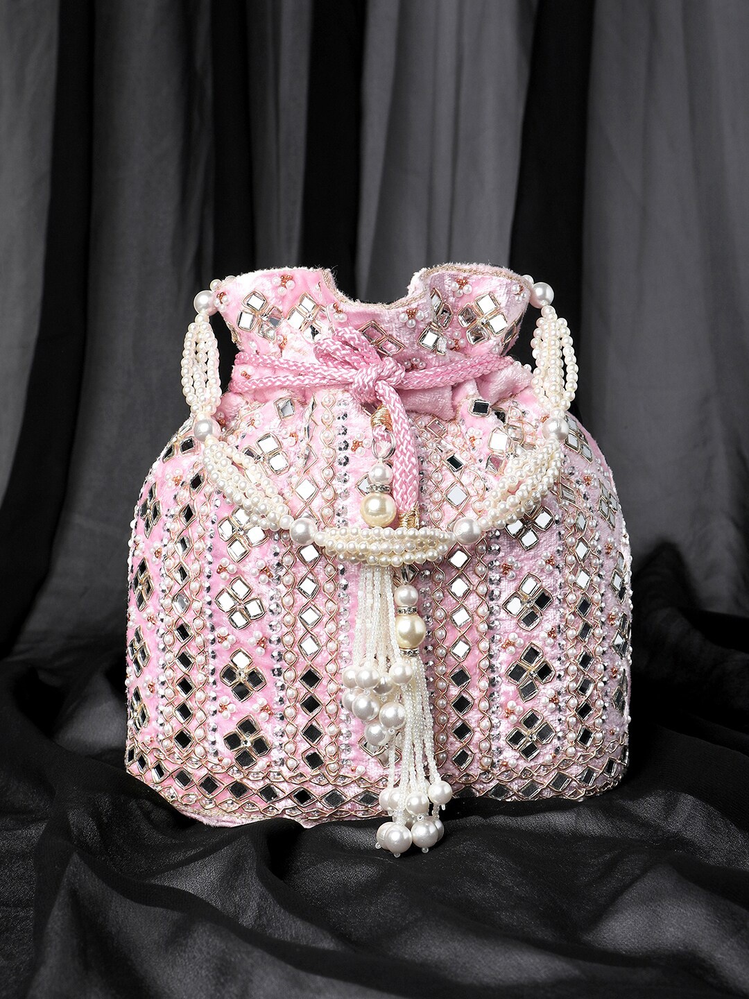 

Peora Embellished Potli Clutch With Wrist Loop, Pink