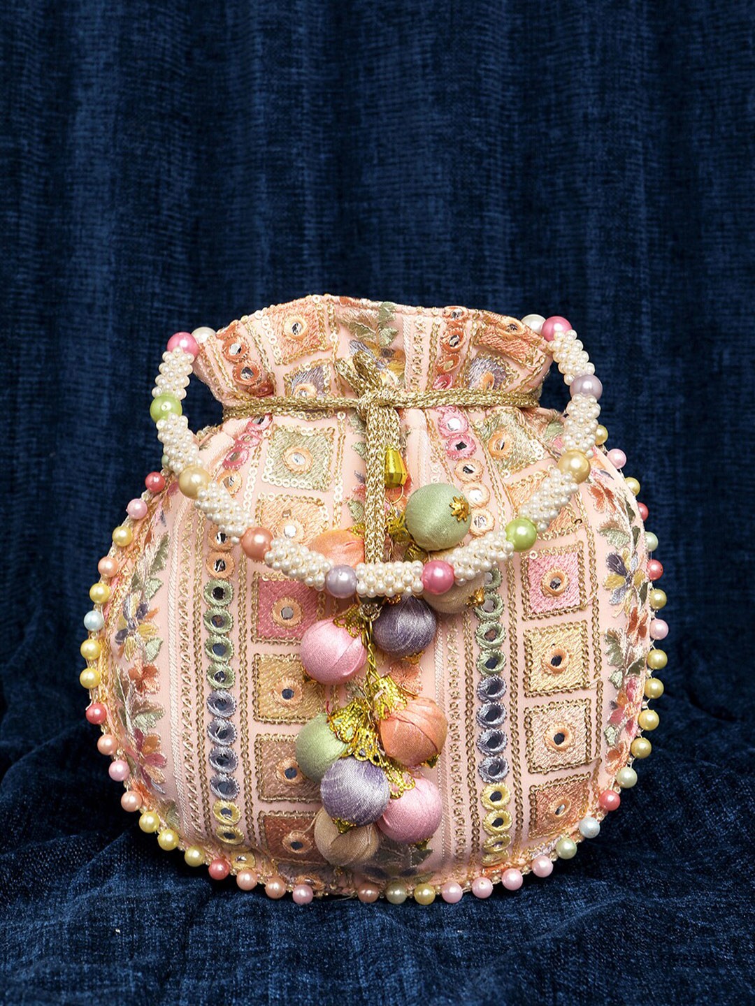 

Peora Embellished Potli Clutch With Wrist Loop, Peach
