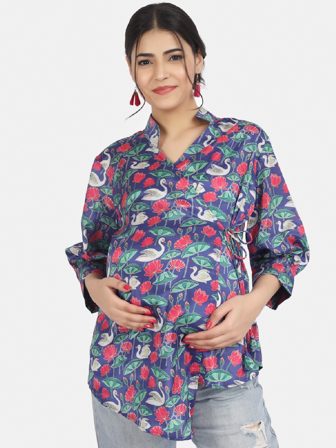 

angloindu Floral Printed Shirt collar Cuffed Sleeves Maternity Wrap Top, Navy blue