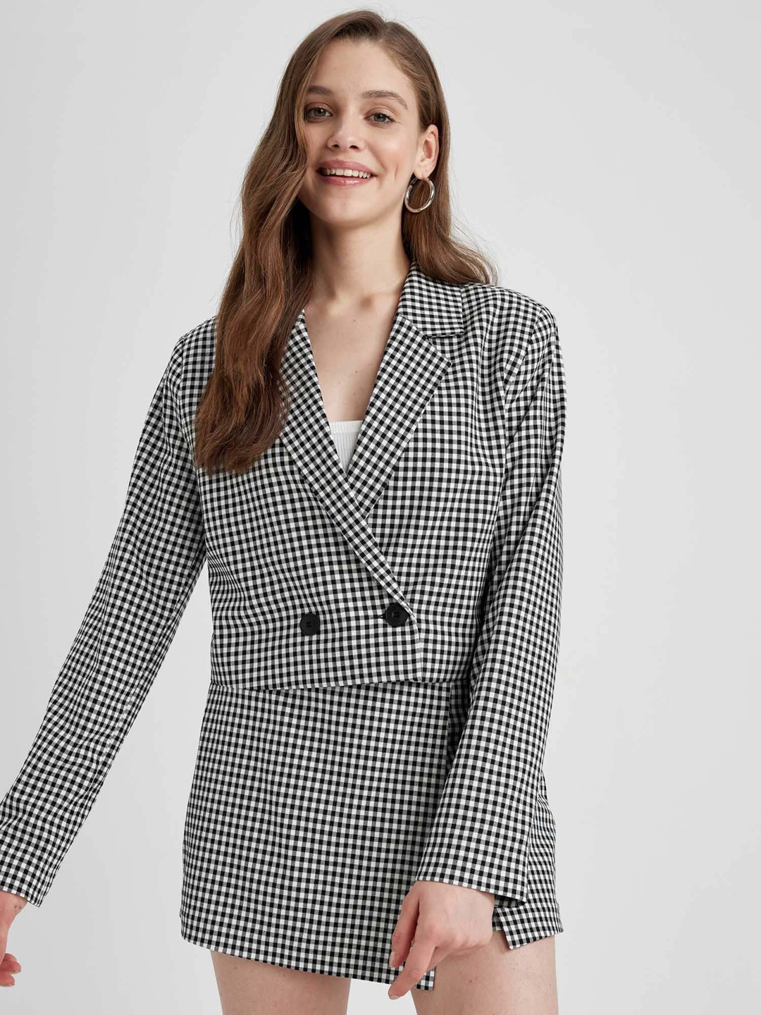 

DeFacto Checked Double-Breasted Blazer, Black