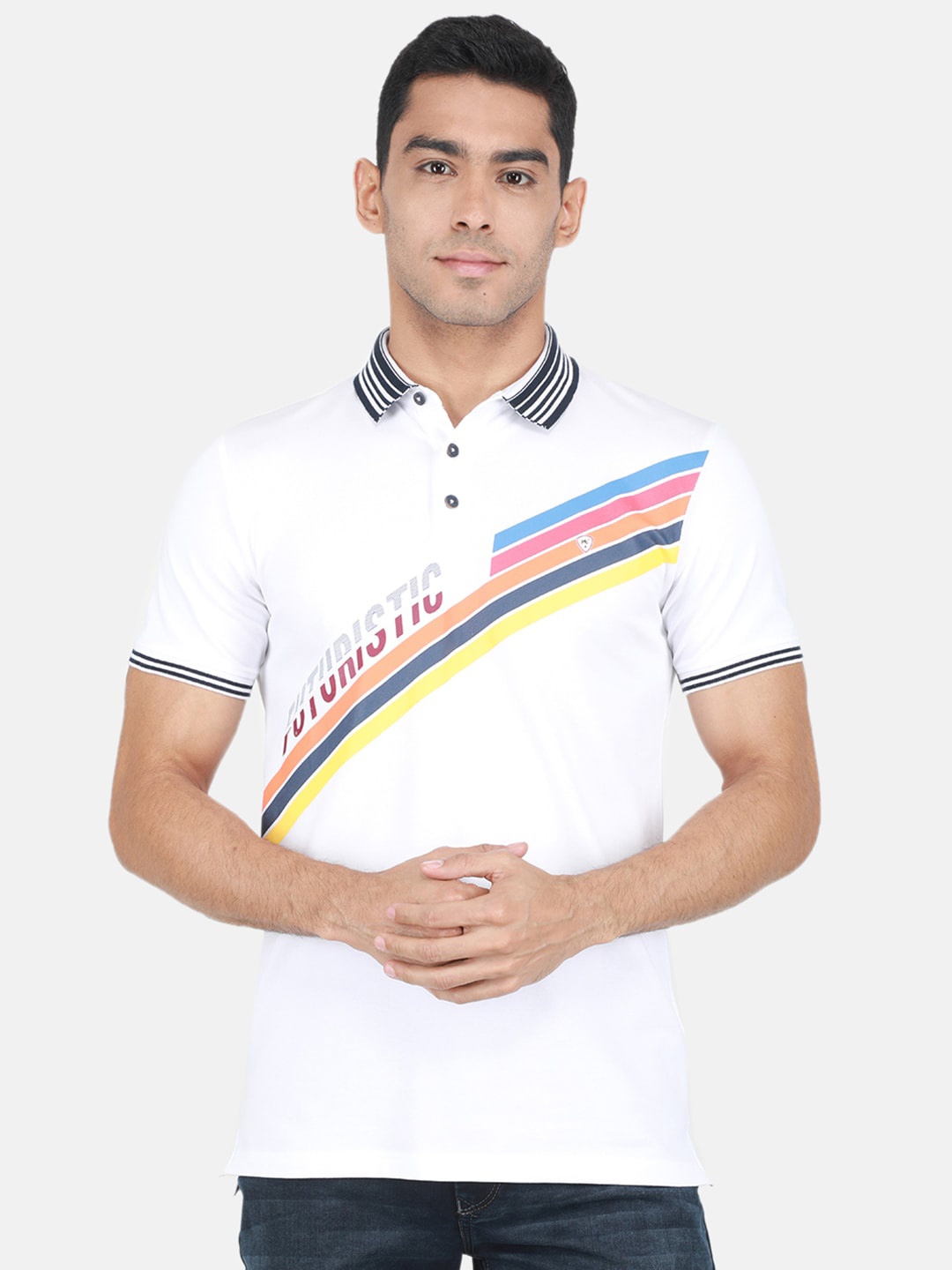 

Monte Carlo Typography Striped Trim Polo Collar Cotton T-shirt, White