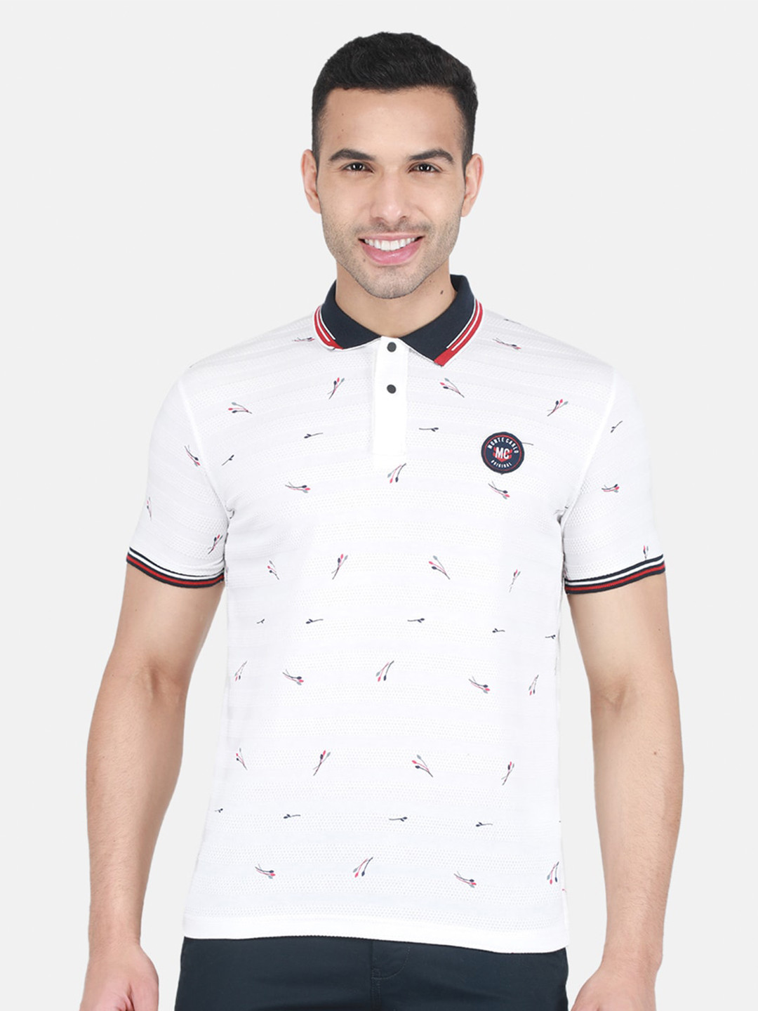 

Monte Carlo Conversational Printed Polo Collar Cotton T-Shirt, White