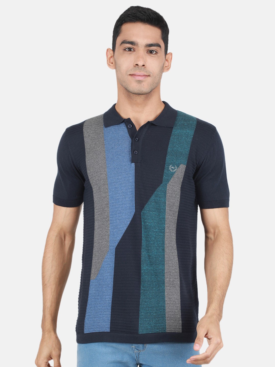 

Monte Carlo Striped Polo Collar Cotton T-Shirt, Navy blue