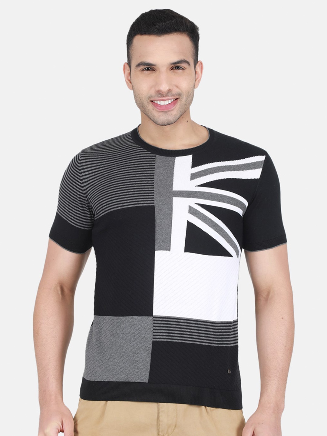 

Monte Carlo Colourblocked Round Neck Cotton T-shirt, Black