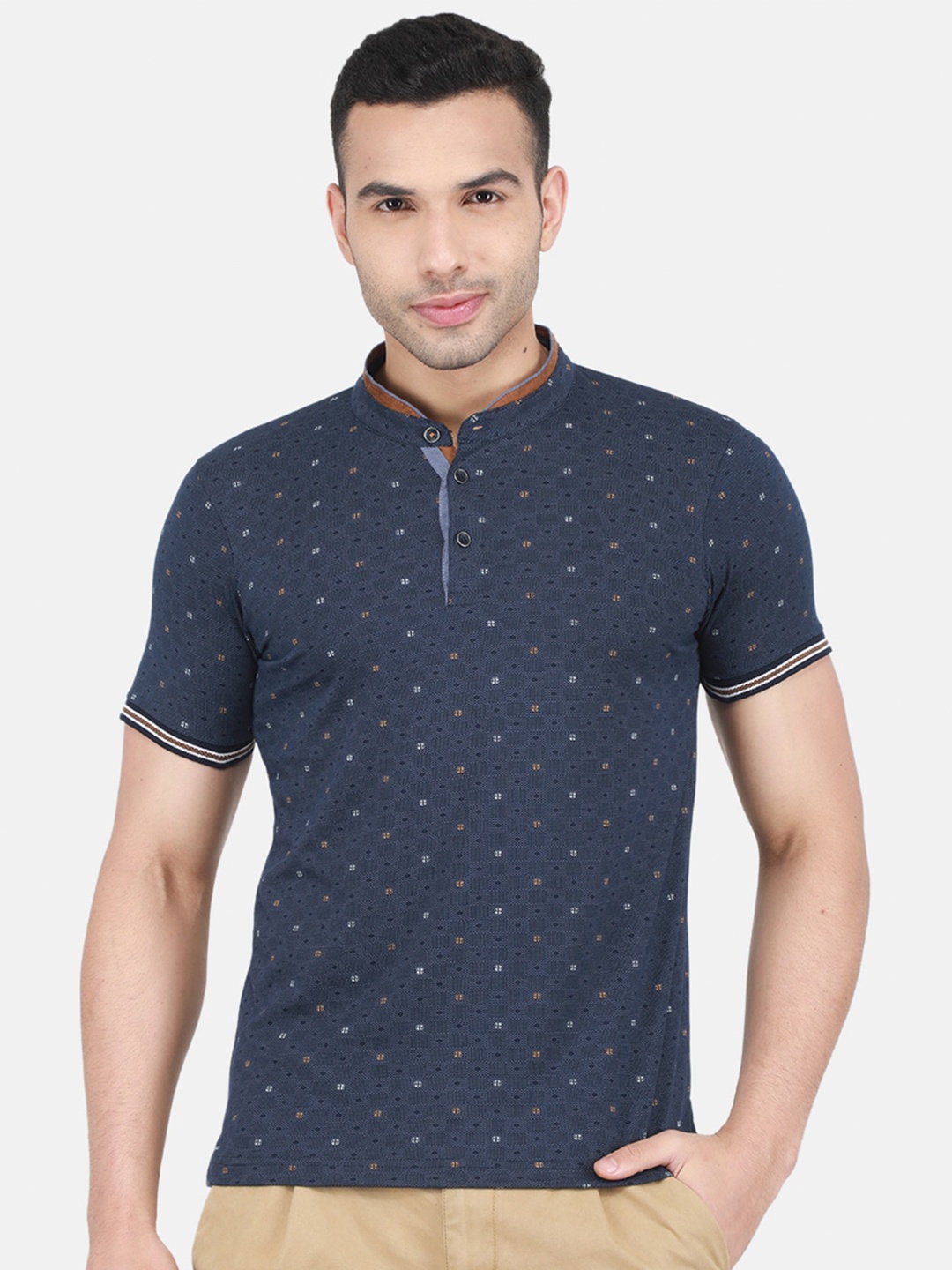 

Monte Carlo Geometric Printed Mandarin Collar Cotton T-shirt, Navy blue