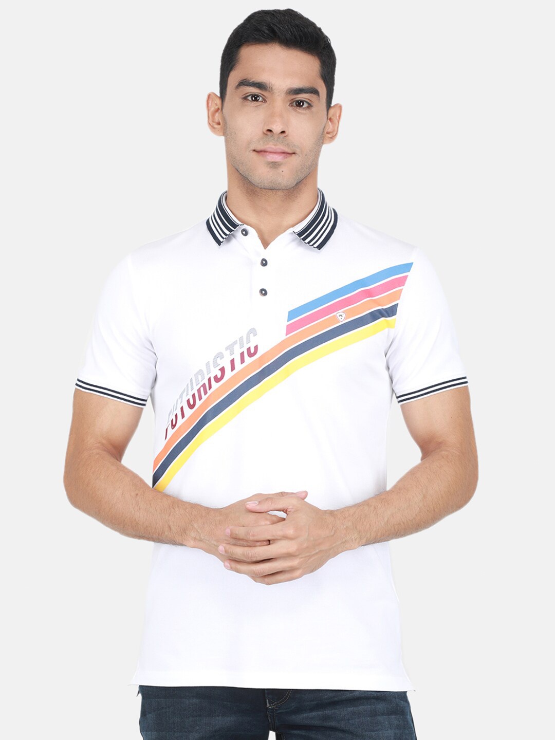 

Monte Carlo Striped Polo Collar Cotton T-shirt, White