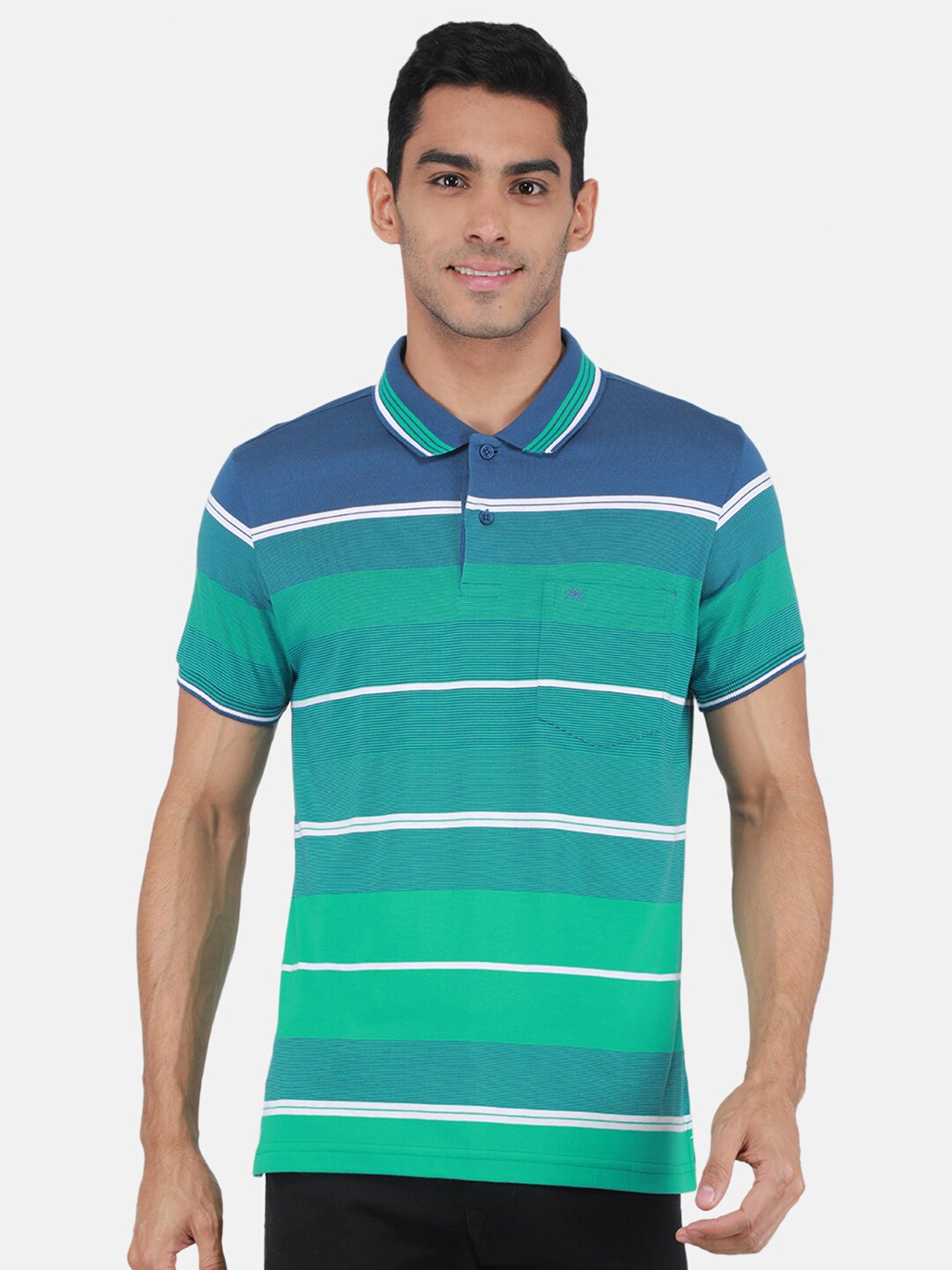 

Monte Carlo Striped Polo Collar Cotton T-Shirt, Teal