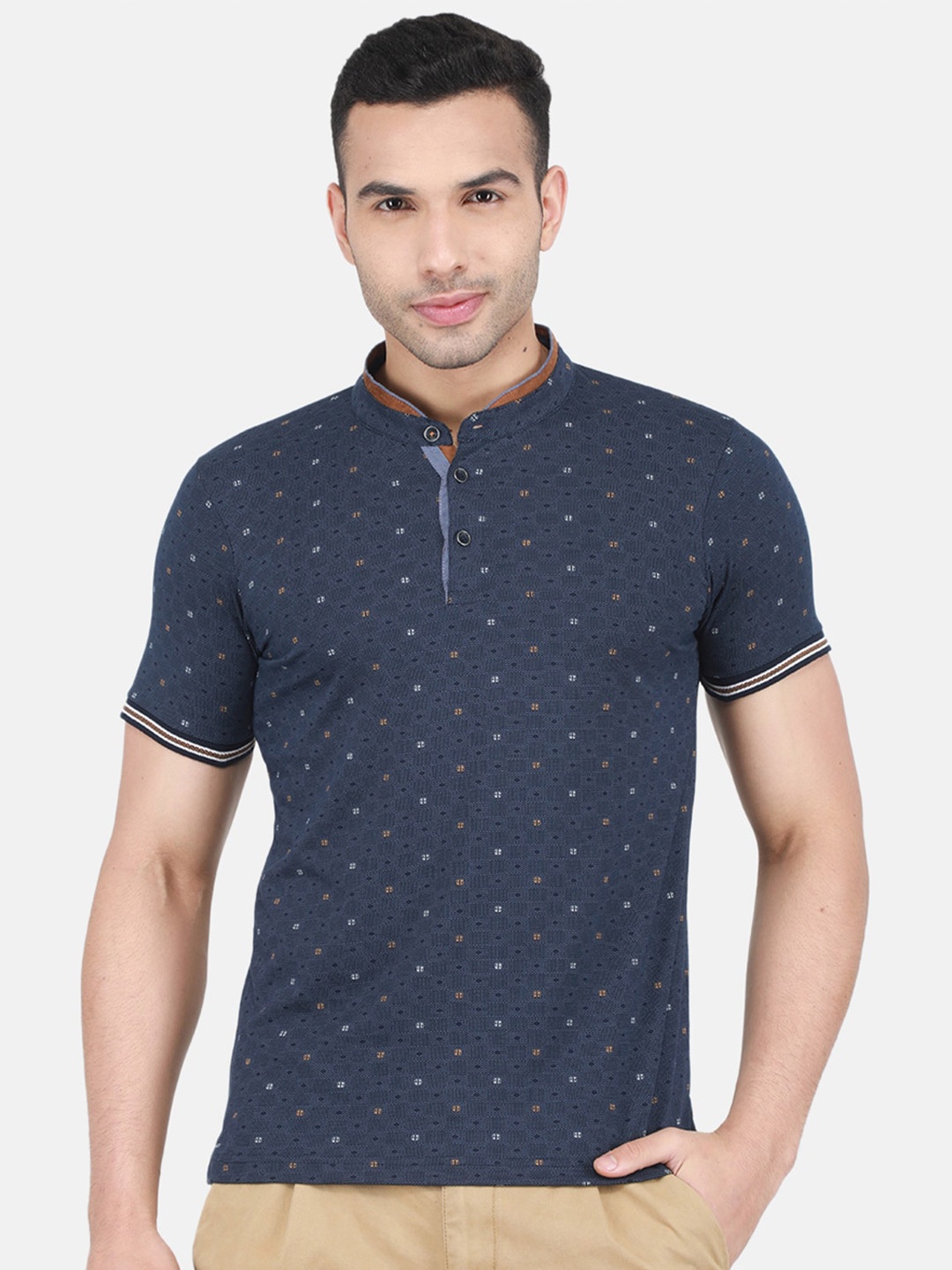 

Monte Carlo Conversational Printed Mandarin Collar Cotton T-shirt, Navy blue