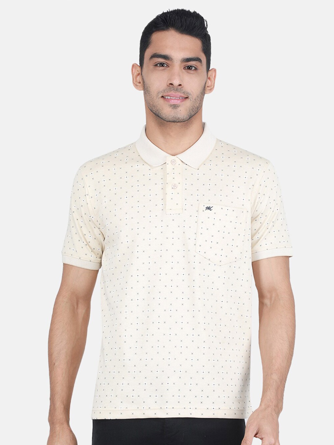 

Monte Carlo Geometric Printed Polo Collar Cotton T-shirt, Beige