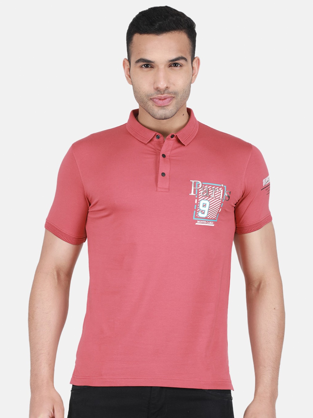 

Monte Carlo Typography Polo Collar Cotton T-shirt, Peach