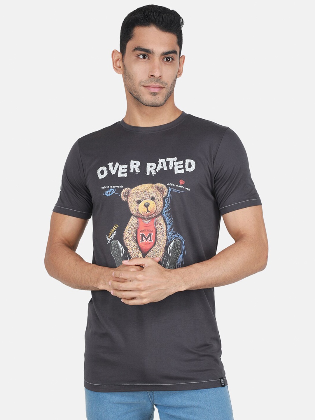 

Monte Carlo Graphic Printed Round Neck Slim Fit Cotton T-shirt, Charcoal