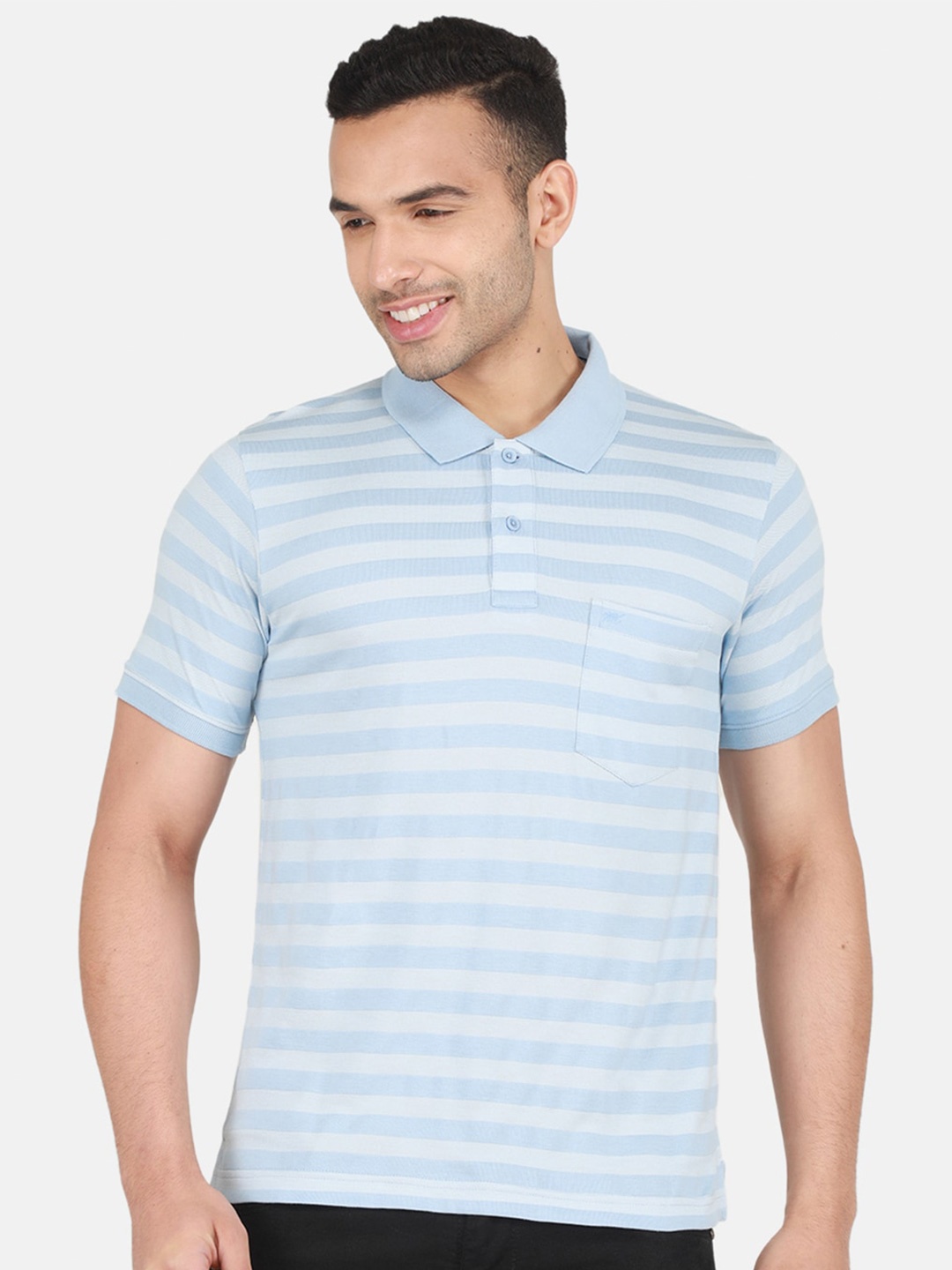 

Monte Carlo Striped Polo Collar Cotton T-shirt, Blue