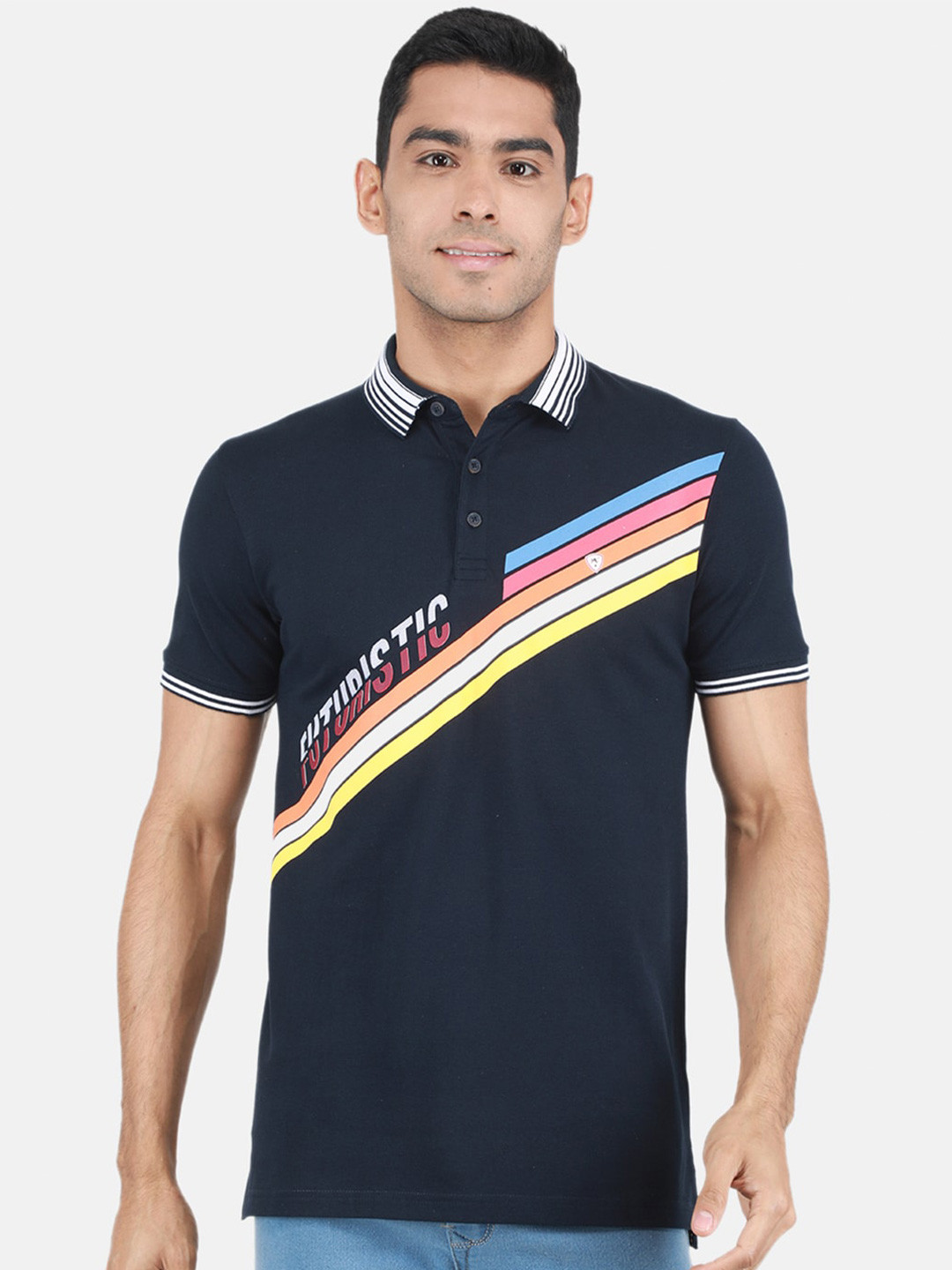 

Monte Carlo Typography Striped Trim Polo Collar Cotton T-shirt, Navy blue