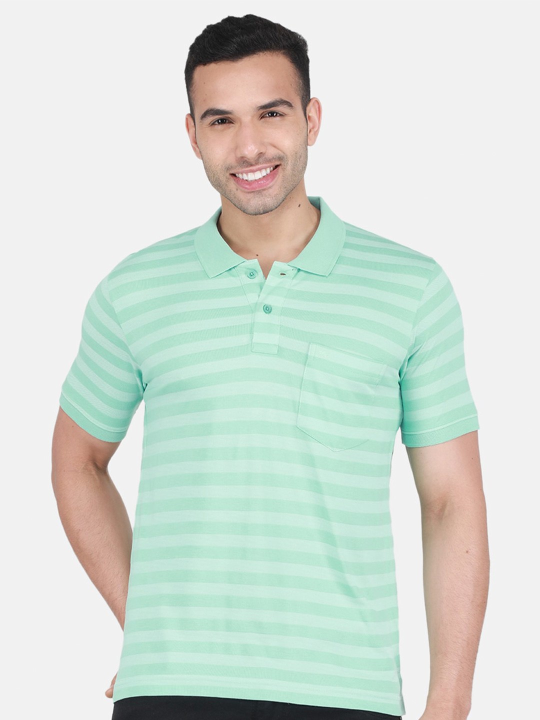 

Monte Carlo Striped Polo Collar Cotton T-shirt, Sea green