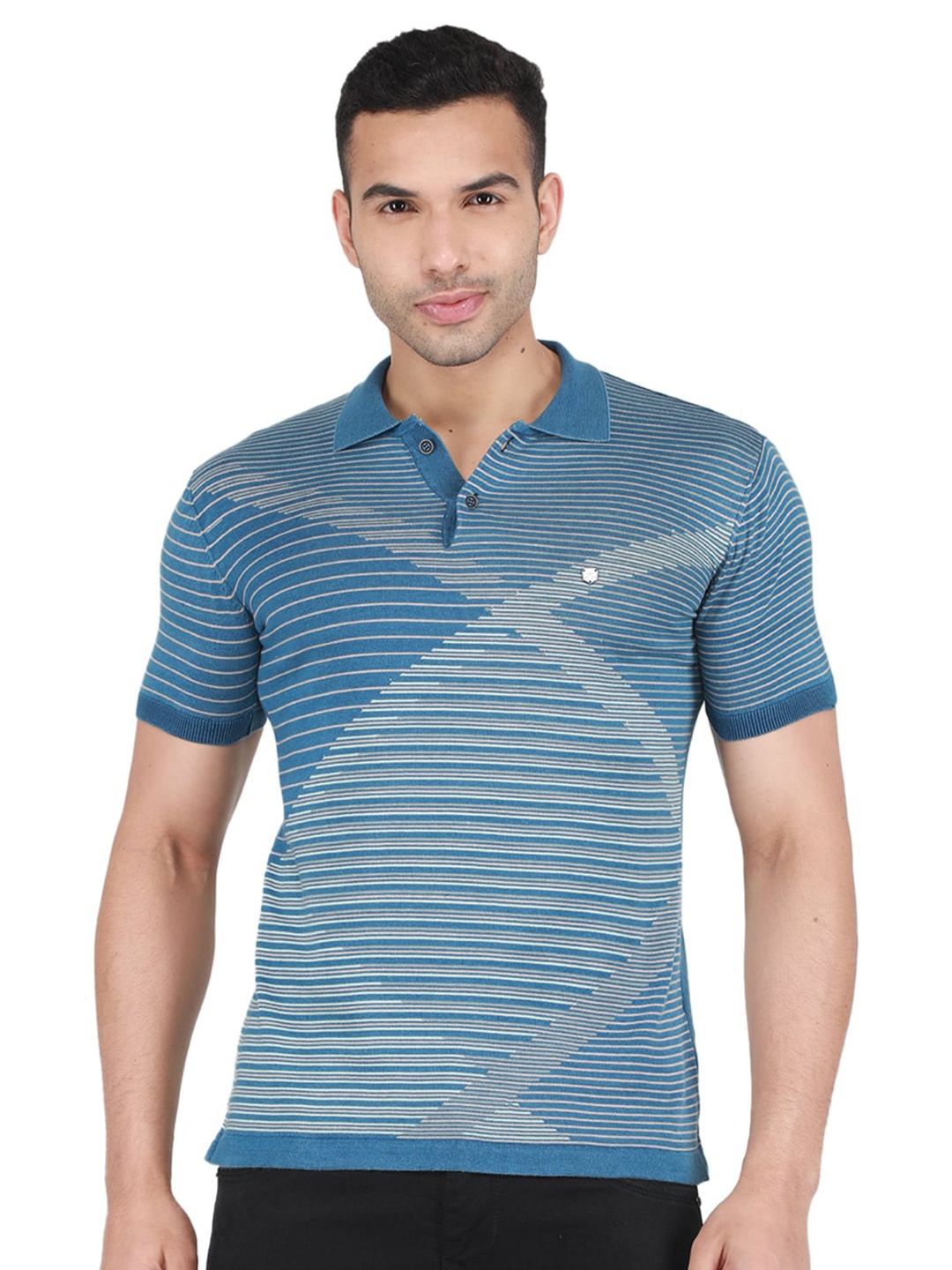 

Monte Carlo Striped Polo Collar Cotton T-shirt, Blue