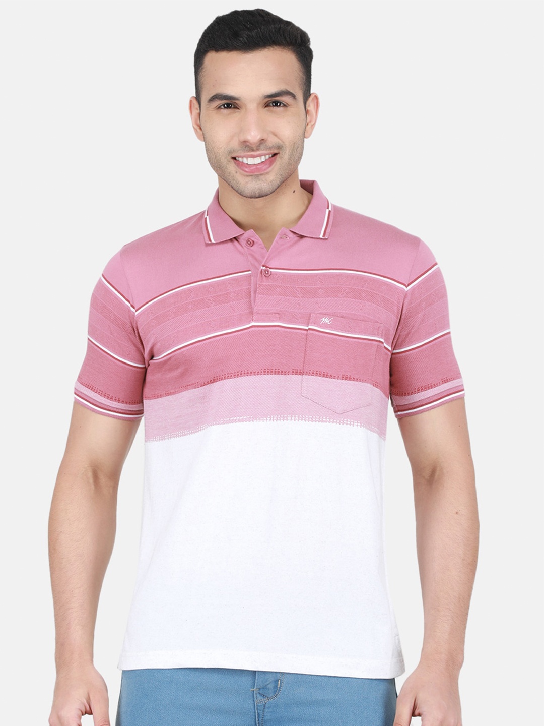 

Monte Carlo Striped Polo Collar Cotton T-shirt, Pink