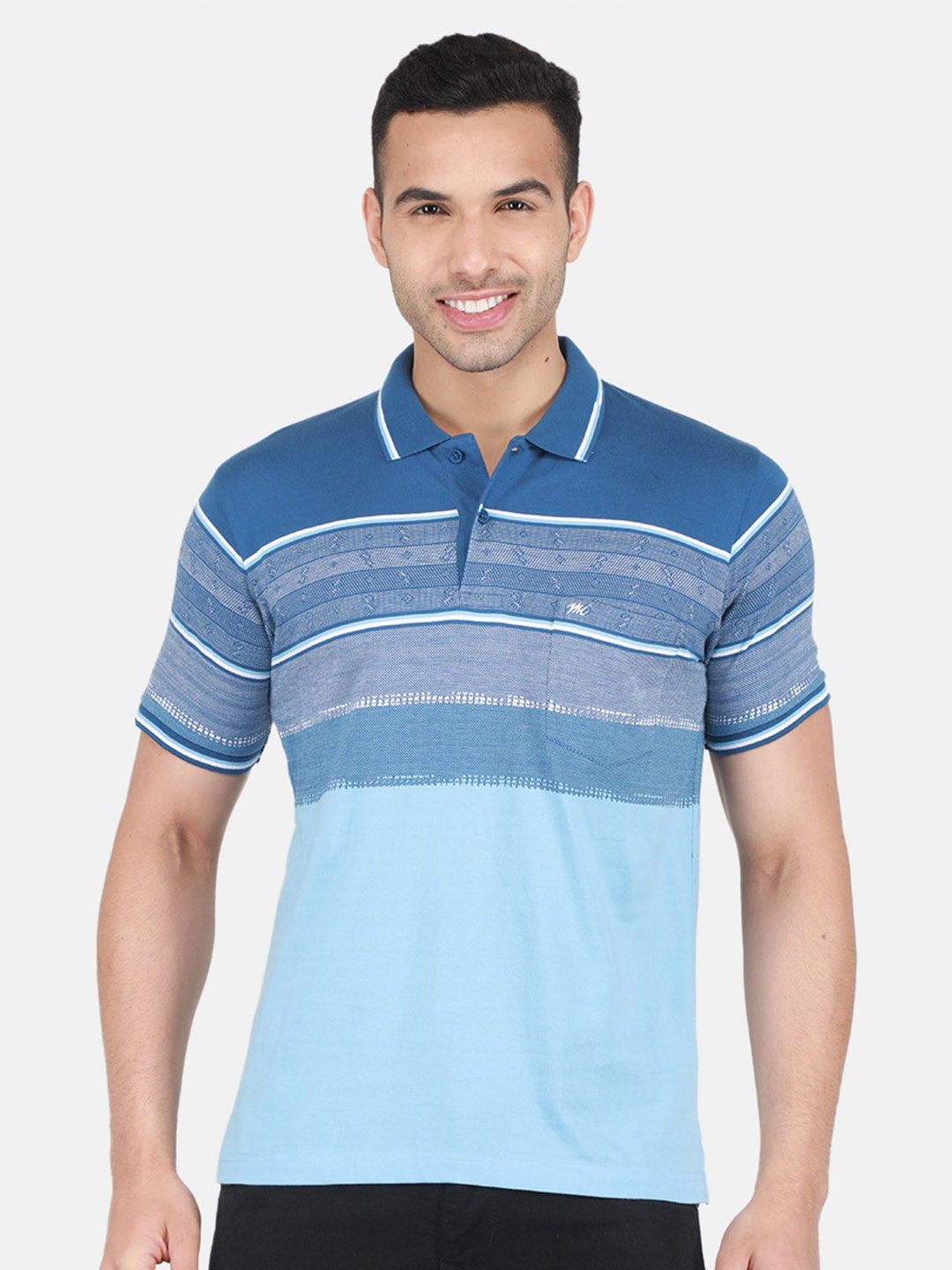 

Monte Carlo Striped Polo Collar Cotton T-shirt, Blue