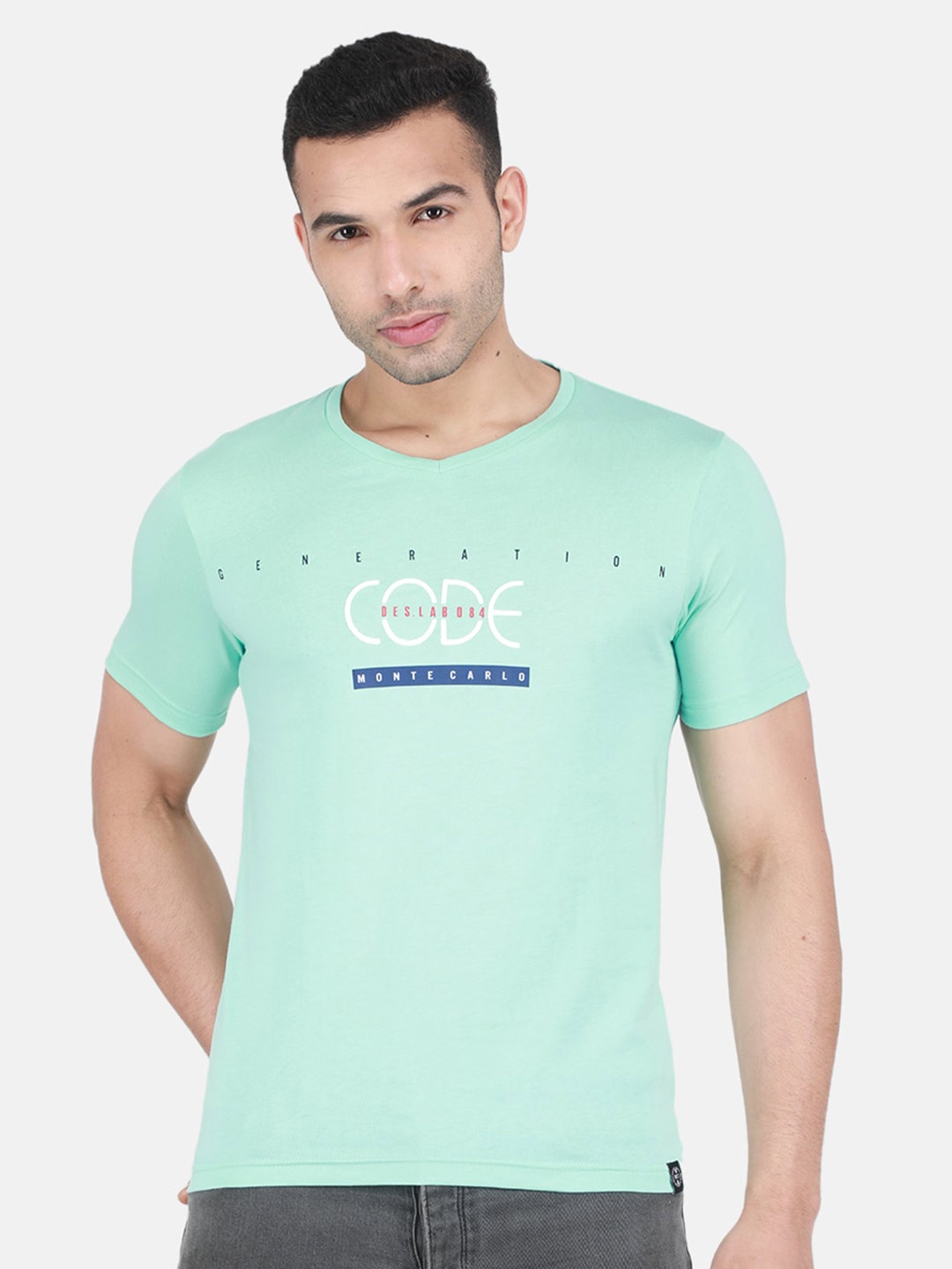 

Monte Carlo Typography Printed Round Neck Cotton T-shirt, Sea green