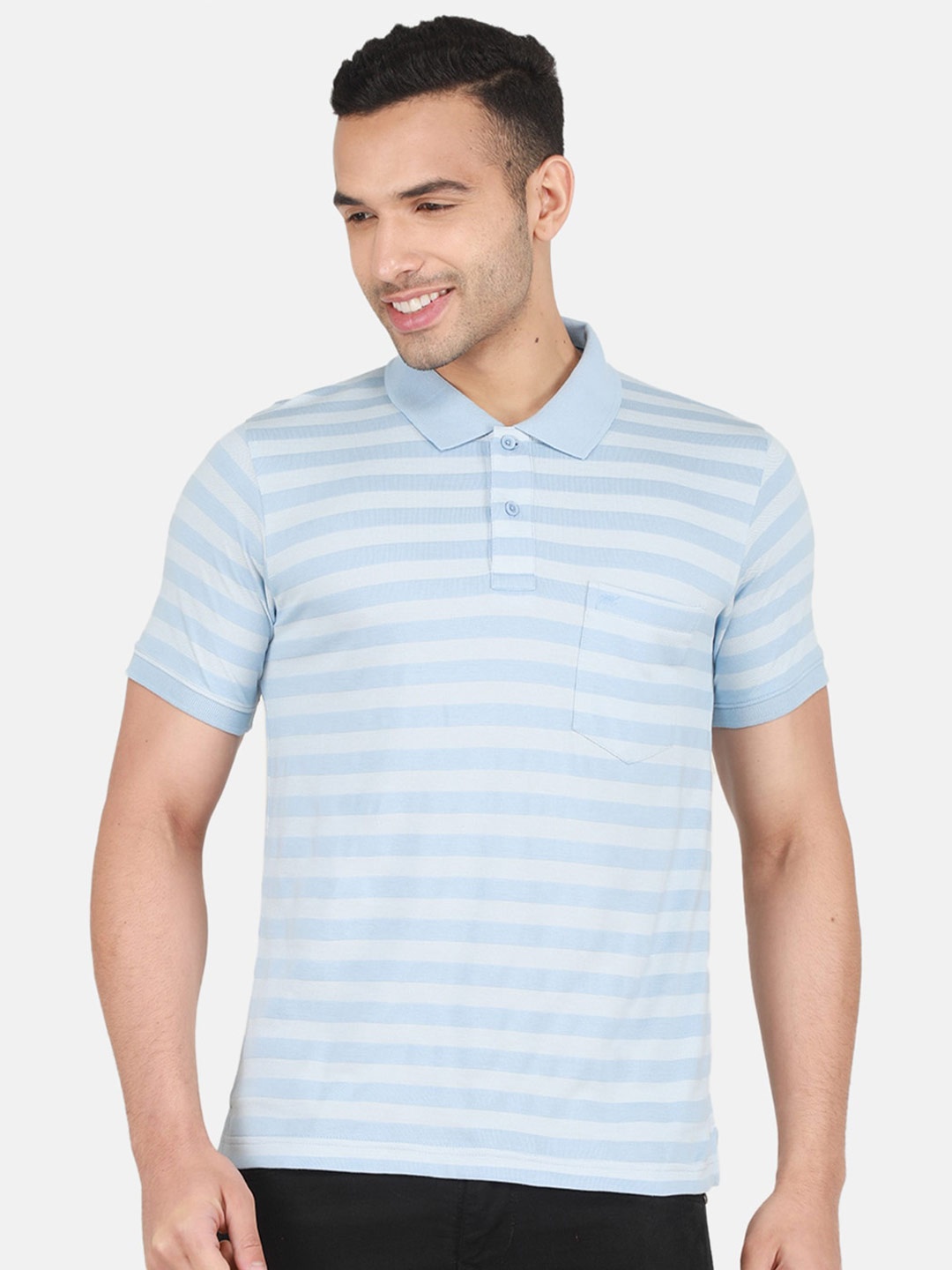 

Monte Carlo Striped Polo Collar Cotton T-shirt, Blue