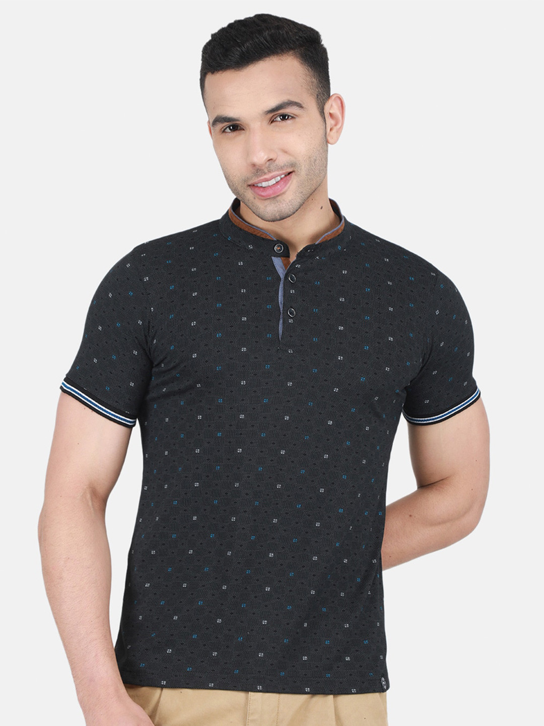 

Monte Carlo Geometric Printed Mandarin Collar Cotton T-shirt, Black